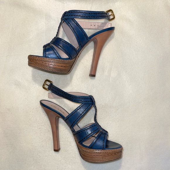 PRADA - Blue & Tan leather Platform Sandals - EU 39.5 - Made in Italy - Picture 4 of 11